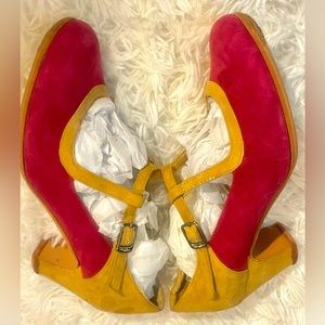 Menkes Flamenco Shoes Sz 39 Leather Suede Dark Pink & Camel Made in Spain w Bag